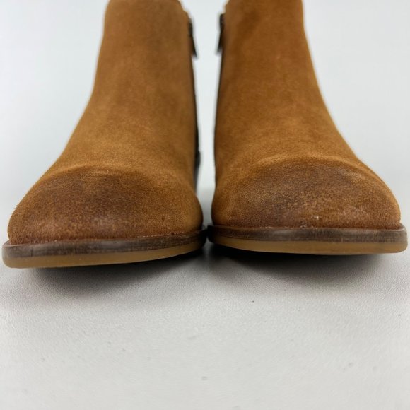 Frye Caden Womens Suede Notched Ankle Bootie Cognac Tan Metallic Heel size 6 - Picture 5 of 16